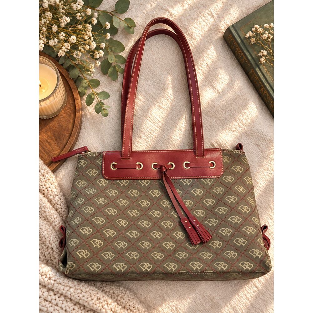 Vintage Dooney & Bourke DB Monogram Tote Bag Burgundy Leather Y2K